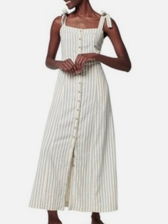 Faherty Dresses & Skirts - Faherty Maxi Dress Medium Gray Cream Tan Maxi Button Up Pockets Organic Cotton